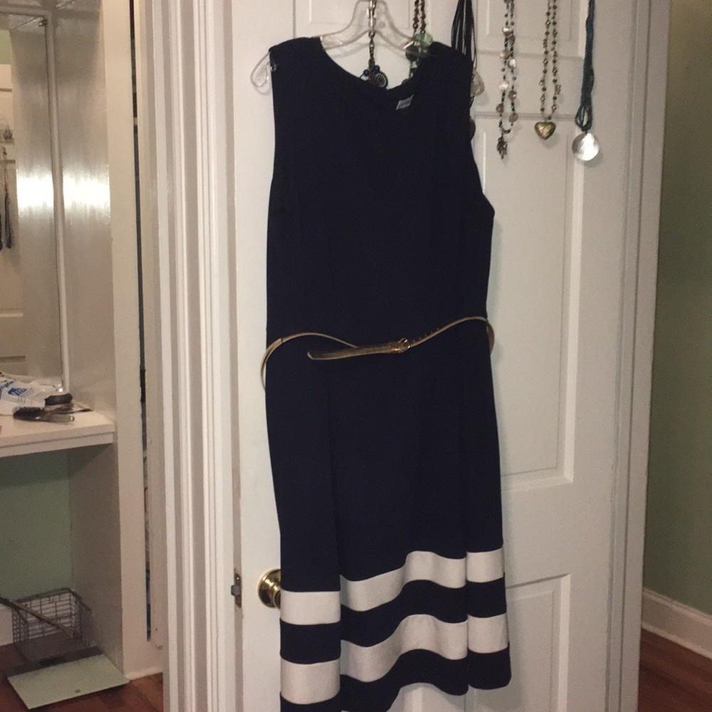 Calvin Keli. navy belted color block dress